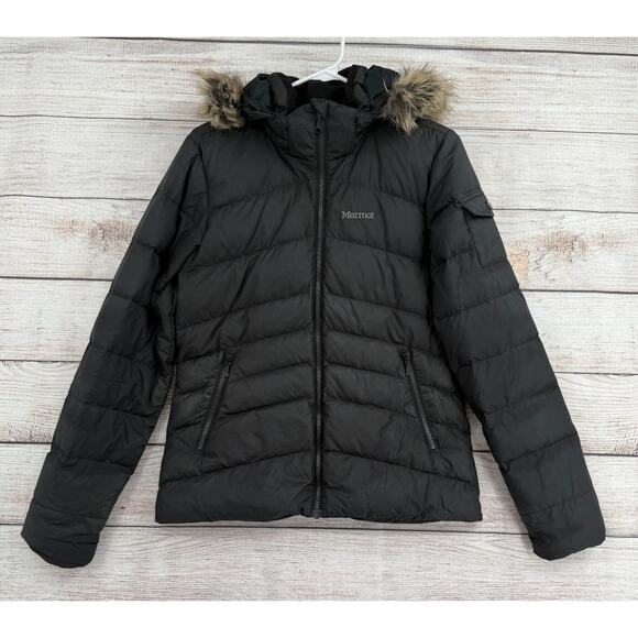 Marmot Ithaca 700 Down Faux Fur Trim Jacket Womens Small Black Down Defender - Picture 1 of 16